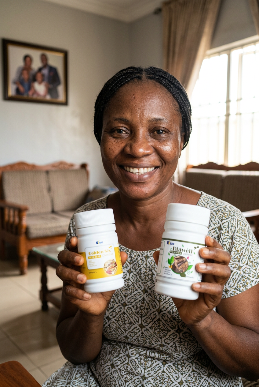Adaeze holding her Diawell and Golden Six bottles at home