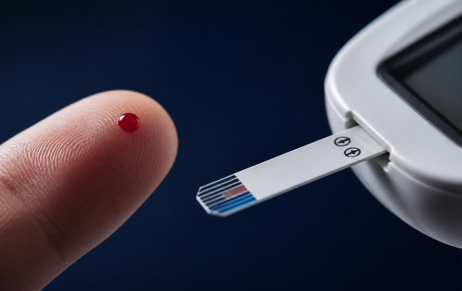 A single drop of blood on a fingertip beside a glucose test strip