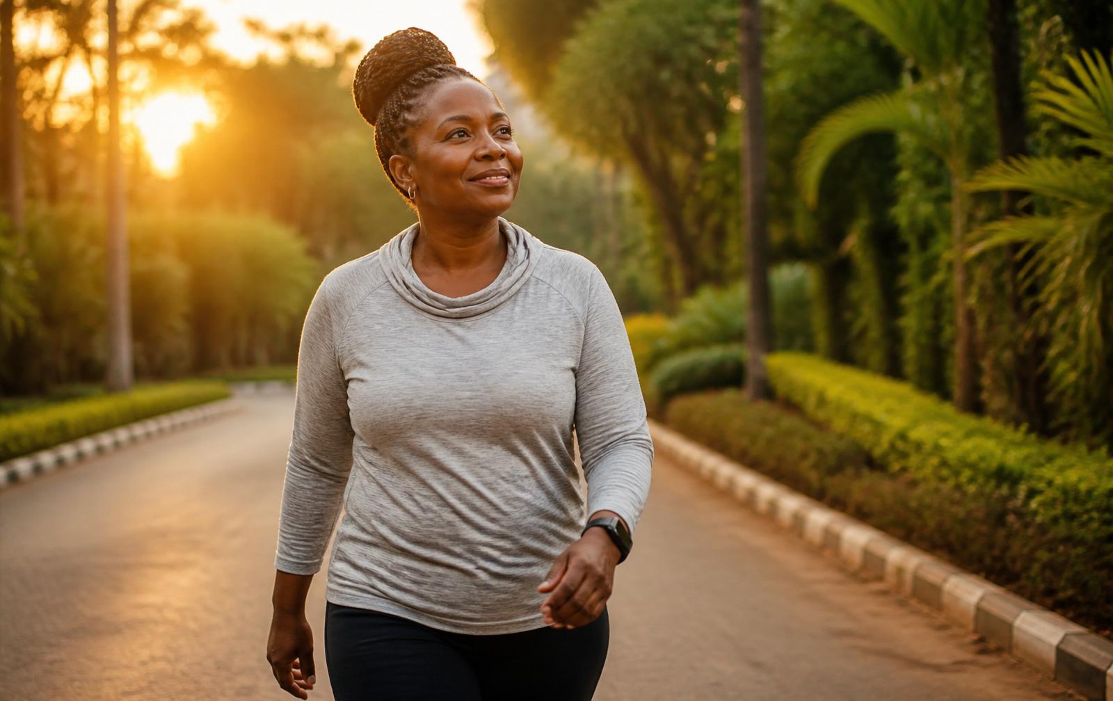 A Nigerian woman walking outdoors at sunrise, feeling energetic