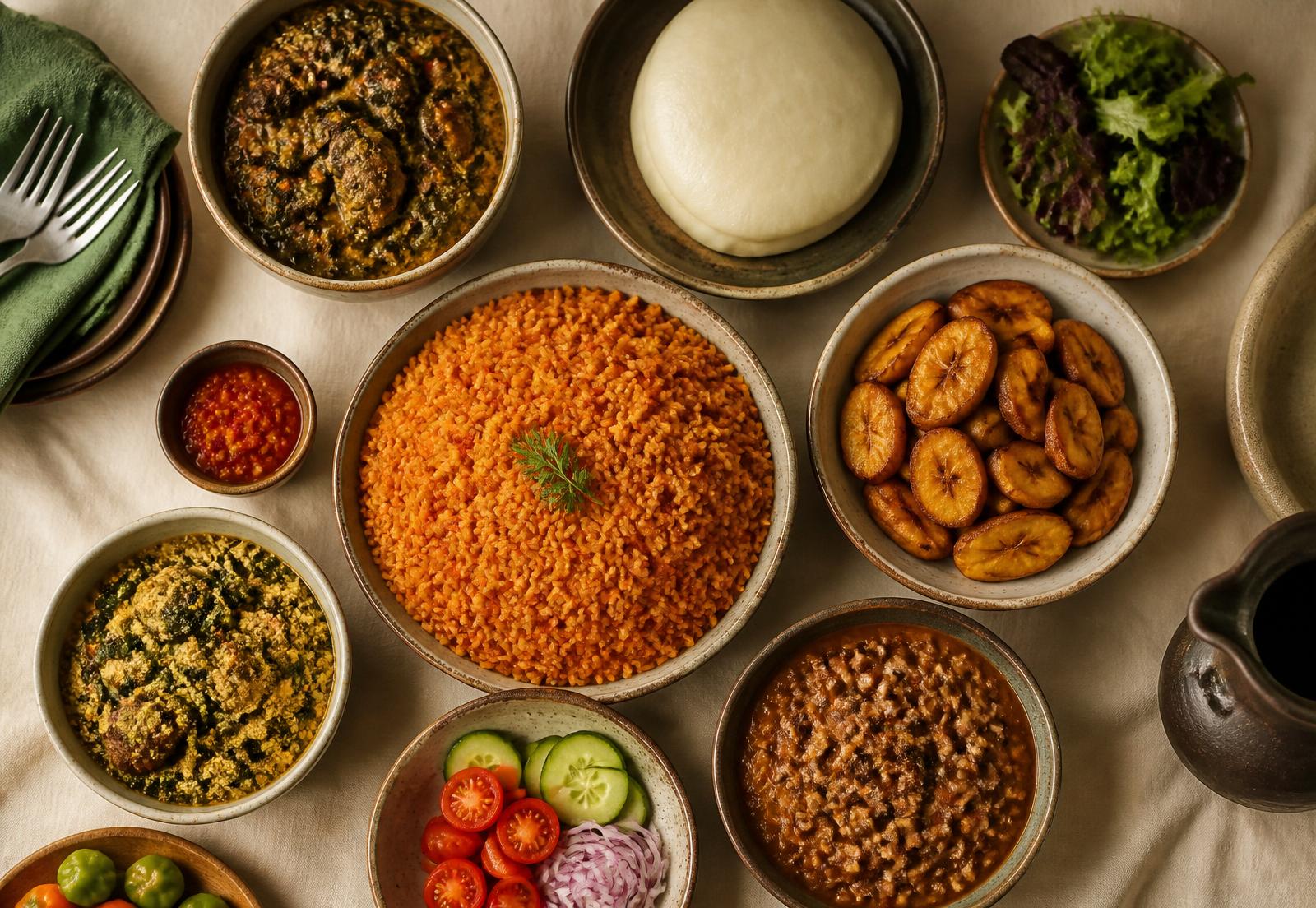 A flat lay of traditional Nigerian foods including jollof rice, pounded yam, plantain, beans and vegetables